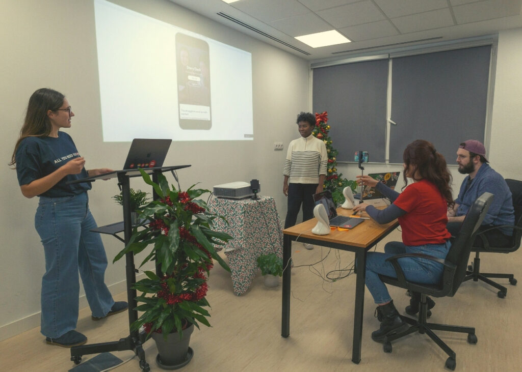 Sara and Monica Randriamialy pitching Story Deck on Demo Day, at Le Wagon Coding Bootcamp in Madrid